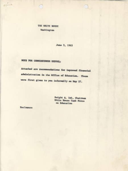 Dwight A. Ink note to Commissioner Keppel, June 3, 1965
