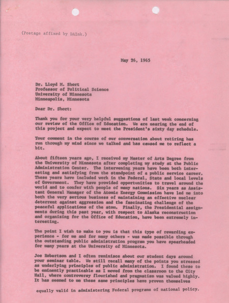 Dwight A. Ink letter to Lloyd M. Short, May 26, 1965