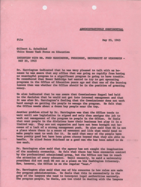 Gilbert A. Schulkind interview with Fred Harrington, May 25, 1965