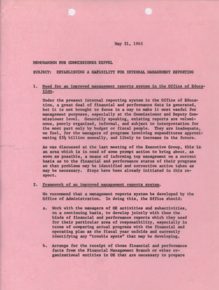 Dwight A. Ink memorandum to Commissioner Keppel, May 21, 1965