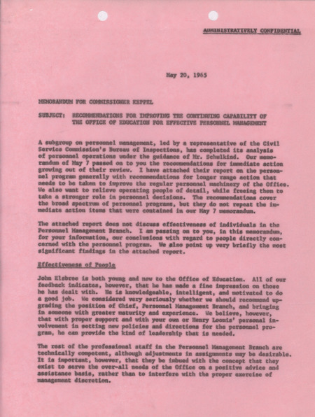 Dwight A. Ink memorandum to Commissioner Keppel, May 20, 1965