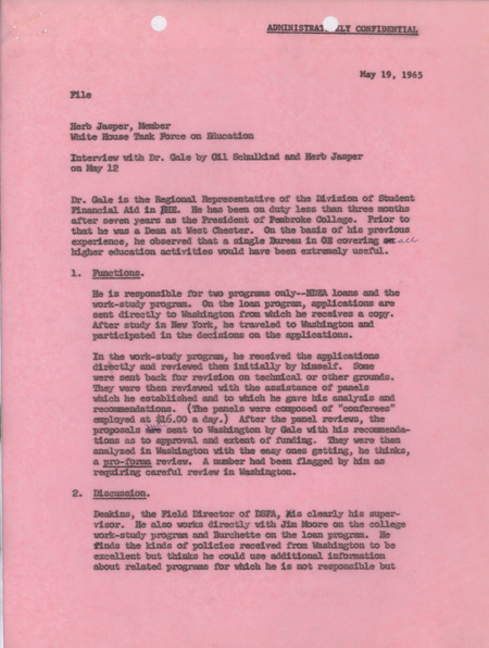 Herb Jasper and Gil Schulkind interview with Dr. Gale, May 19, 1965