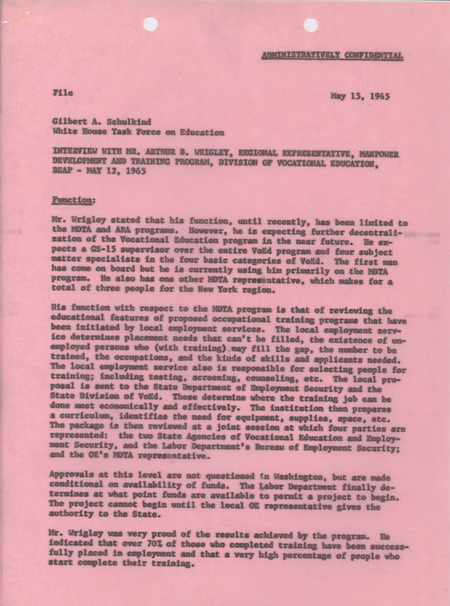 Gilbert A. Schulkind interview with Arthur B. Wrigley, May 15, 1965