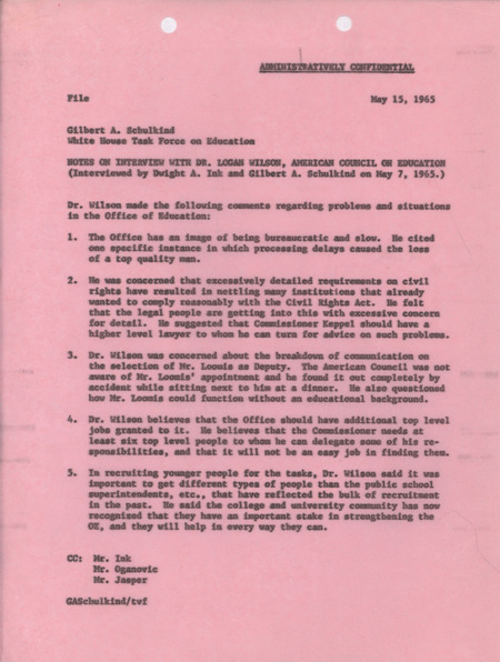 Gilbert A. Schulkind and Dwight A. Ink interview with Logan Wilson, May 15, 1965