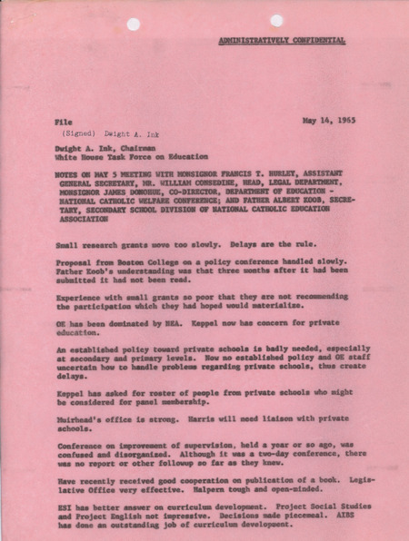 Dwight A. Ink notes on a May 5 meeting, May 14, 1965