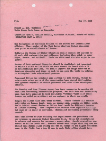Dwight A. Ink interview with S. William Herrell, May 10, 1965