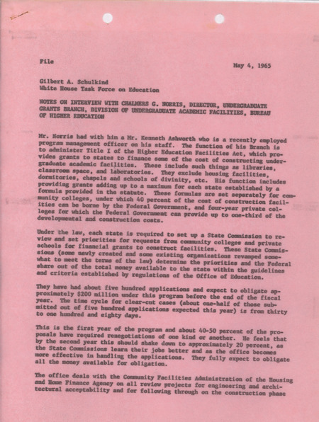 Gilbert A. Schulkind interview with Chalmers G. Norris, May 4, 1965