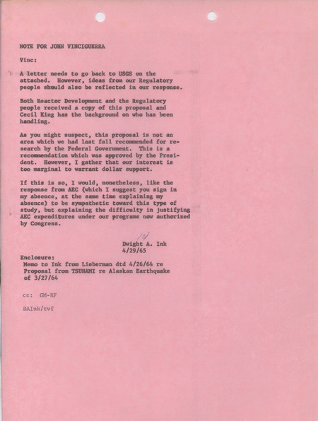 Dwight A. Ink note for John Vinciguerra, April 29, 1965