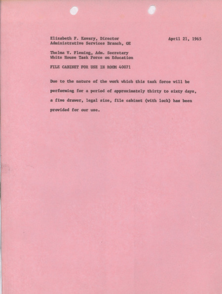 Note for Elizabeth F. Kavary and Thelma V. Fleming, April 21, 1965