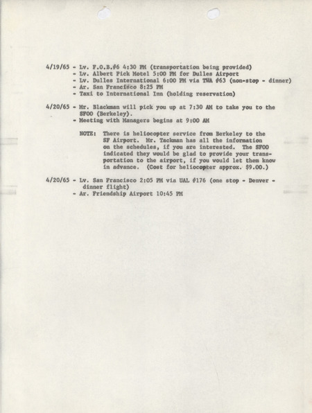 Travel schedule, April 19-20, 1965