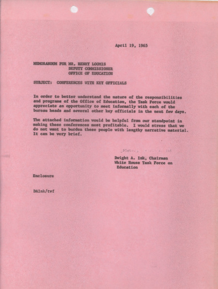Dwight A. Ink memorandum to Henry Loomis, April 19, 1965