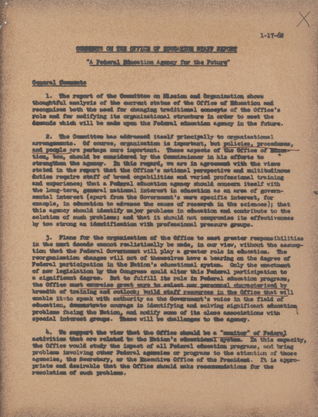 Comments on the Office of Education staff report "A federal education agency for the future"