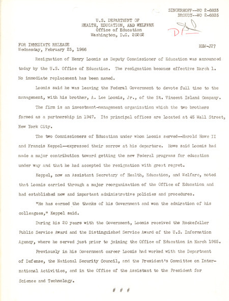 U.S Office of Education press release, February 23, 1966
