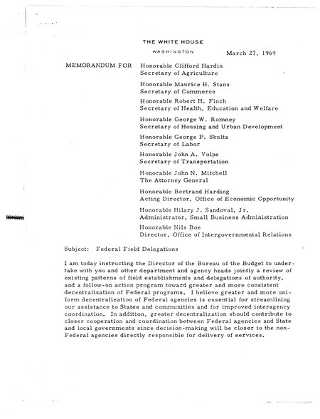 Richard Nixon memorandum regarding federal field delegations, March 27, 1969