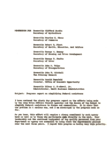 Robert P. Mayo memorandum regarding progress report on simplifying federal assistance, June 30, 1969