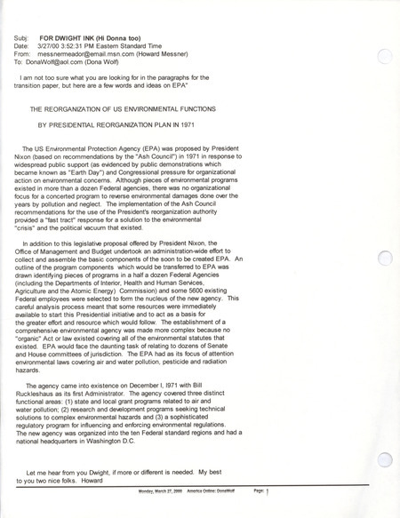 Howard Messner email to Dona Wolf, March 27, 2000