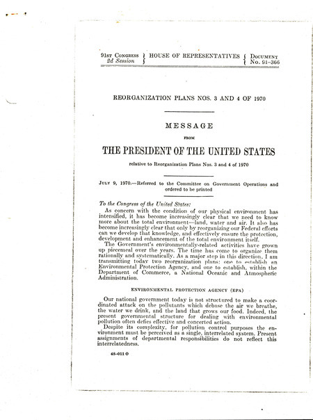Message from the president of the United States relative to reorganization plans nos. 3 and 4 of 1970