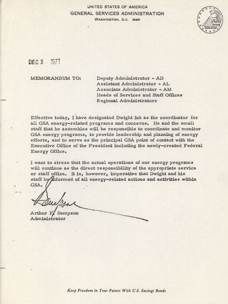 Arthur F. Sampson memorandum to General Services Administration administrators, December 3, 1973