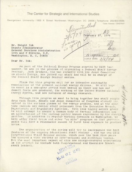 David M. Abshire letter to Dwight Ink, February 27, 1974, includes seminar description