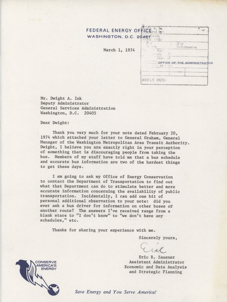 Eric R. Zausner letter to Dwight A. Ink, March 1, 1974