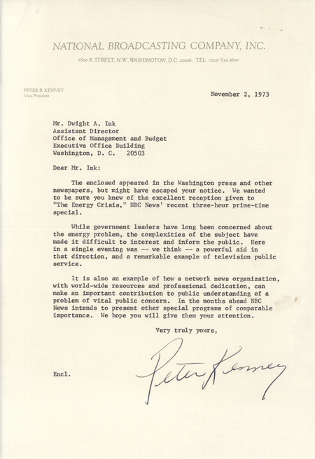 Peter Kenney letter to Dwight A. Ink, November 2, 1973, includes advertisement