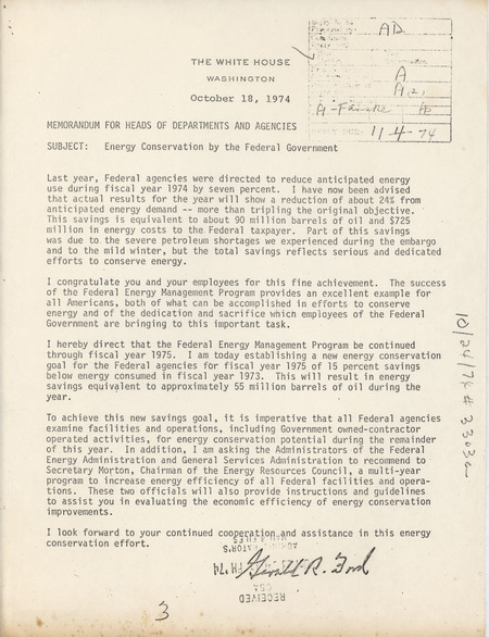 Gerald R. Ford memorandum to heads of departments and agencies, October 18, 1974