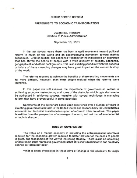 Public sector reform: prerequisite to economic transformation, September 19, 1991