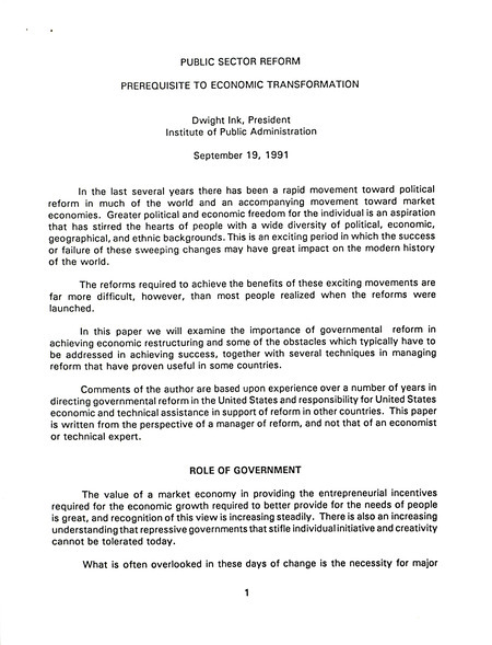 Public sector reform: prerequisite to economic transformation, September 19, 1991