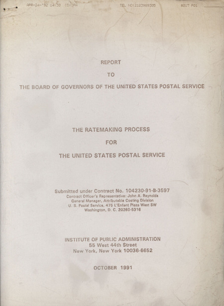 Report on the ratemaking process for the United States Postal Service, October 1991