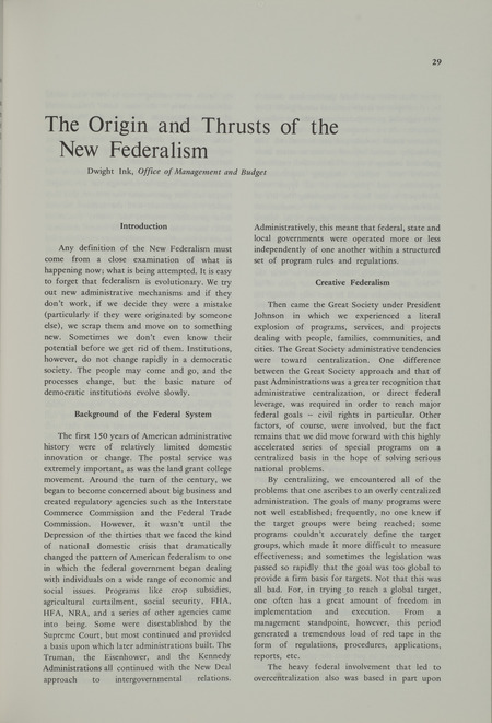 The origin and thrusts of the new federalism