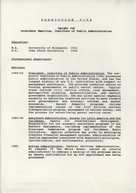 Curriculum vita of Dwight Ink