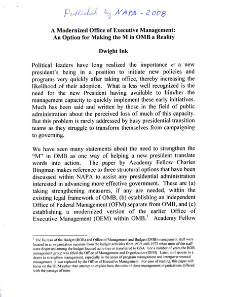 Annotation: Published by NAPA 2008, OEM (Office of Executive Management)