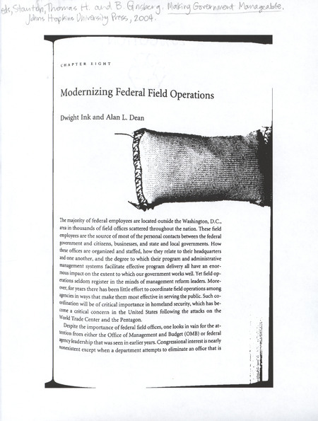 Annotation: eds., Stanton, Thomas H. and B. Ginsberg, Making Government Manageable, Johns Hopkins University Press, 2004.