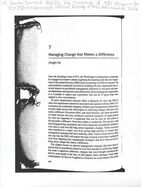 Annotation: ed., Stanton, Thomas H., Meeting the challenge of 9/11: Blueprints for more effective government, National Academy of Public Administration, 2006