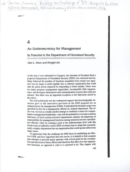 Annotation: ed., Stanton, Thomas H., Meeting the challenge of 9/11: Blueprints for more effective government, National academy of Public Administration, 2006