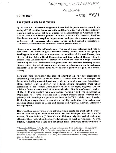 Annotation: "Bitter confirmation hearing, 1959. 7-07-05 Draft"