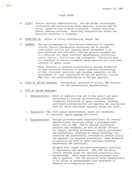 Issue paper on general services administration, January 12, 1981