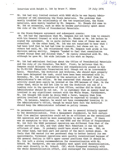 Bruce F. Adams interview with Dwight A. Ink, July 19, 1976
