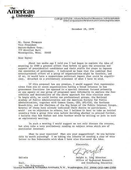 Dwight A. Ink letter to Wayne Thompson regarding Ink's enclosed proposal for improving government, December 28, 1979