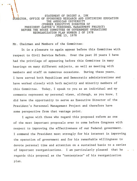 Statement of Dwight A. Ink on Government Operations--Reorganization plan number 2 of 1978, June 15, 1978