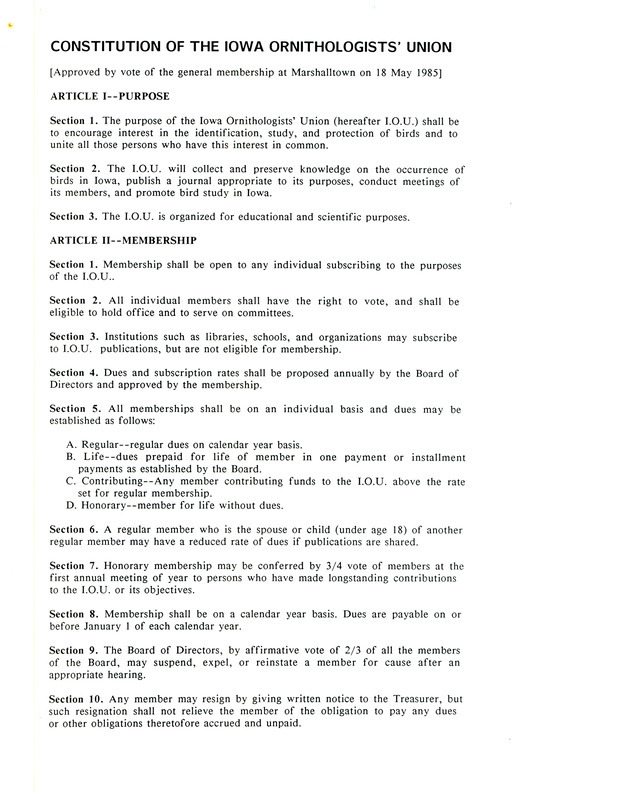 Constitution of the Iowa Ornithologists' Union approved by vote of the general membership at Marshalltown on 18 May 1985.