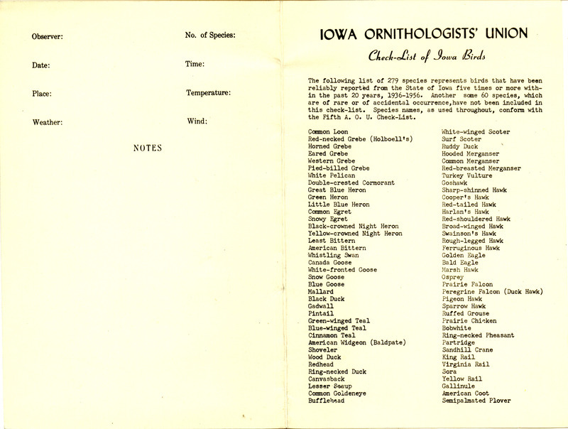 A blank standardized Iowa Ornithologists' Union checklist of Iowa birds form for reporting bird species sightings. The list contains 279 bird species that were reliably reported in the state of Iowa five times or more during the years 1936-1956.