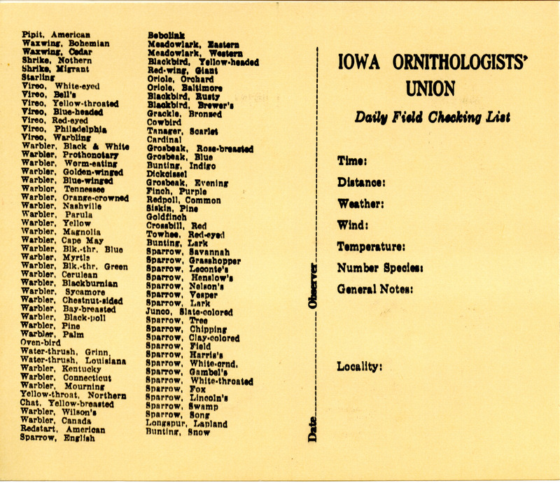 A blank standardized Iowa Ornithologists' Union checklist of Iowa birds form for reporting bird species sightings. The list contains the 273 most common bird species that were reliably reported in the state of Iowa.