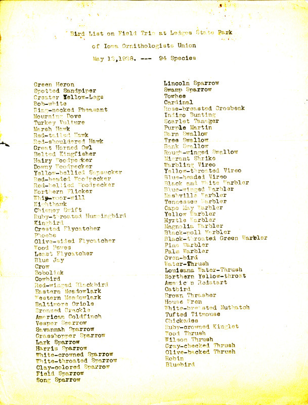 A list of 94 bird species observed on an Iowa Ornithologists Union field trip to Ledges State Park on May 12, 1928.