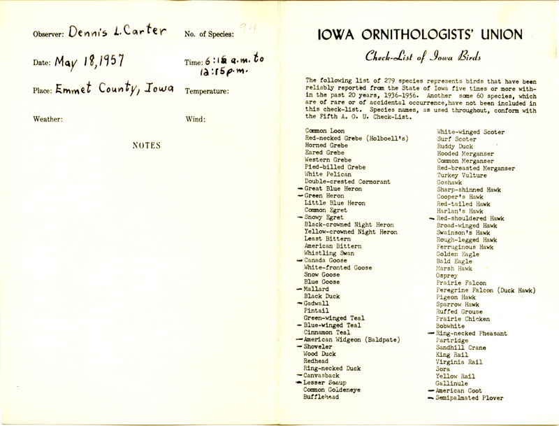 Checklist of birds observed in Emmet County compiled by Dennis L. Carter, May 18, 1957. Also includes handwritten notes with bird sightings from Fort Defiance State Park and Lake Cheever.