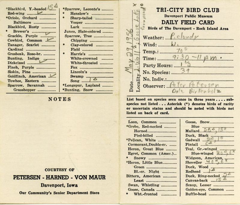 Daily field card of birds observed in Hamilton County compiled by Peter C. Petersen and Dale Birkenholz, May 29, 1956.