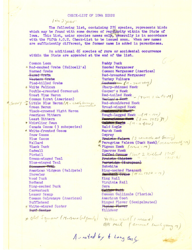 A checklist of 275 bird species commonly found in Iowa as well as an appended list of 65 additional rare or accidental species annotated by A. Lang Bailey.