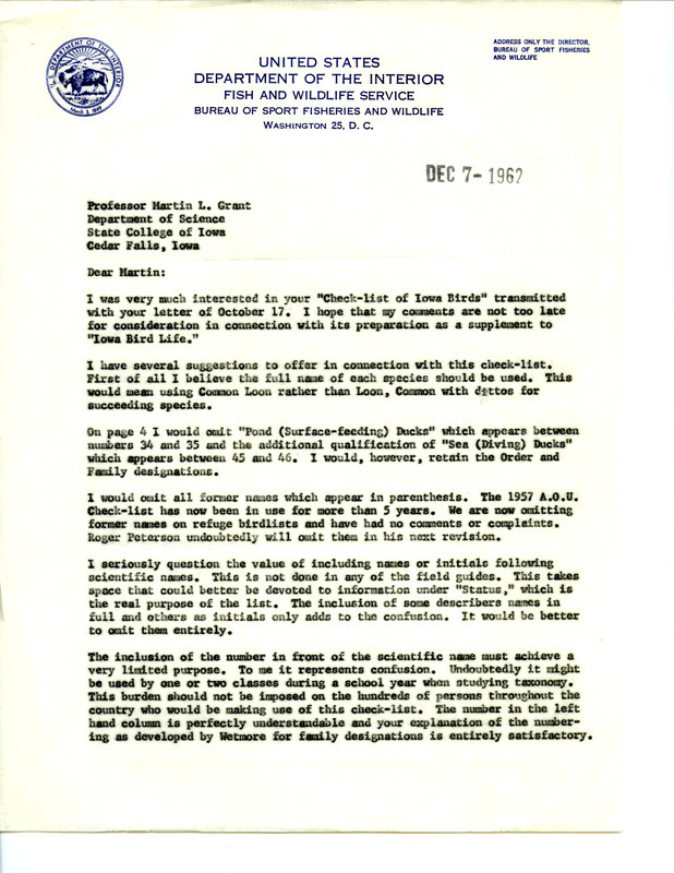 Letter from Philip A. DuMont to Martin L. Grant regarding suggestions to the "Check-list of Iowa Birds," December 7, 1962. The letter details several suggestions DuMont has for Grant's proposed Checklist of birds, including the use of the full name for each species, omitting the former names of species, eliminating names and initials after the scientific name, and adding a habitat symbol to the status of the bird.