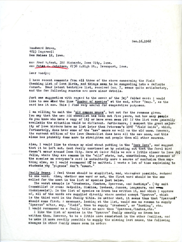 Letter from Martin L. Grant to Woodward H. Brown regarding comments concerning the field checking list of Iowa birds, December 16, 1962. The letter details a response from Grant after receiving feedback about the Checklist from Brown, Frederick W. Kent, and Peter C. Petersen, including Grant's willingness to omit old common bird names and simplifying the family names by reducing to one word wherever possible.