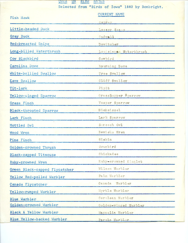 A typewritten quiz of former bird species names along with the current name for each species. The names were selected from "Birds of Iowa" by Bonbright, 1880.